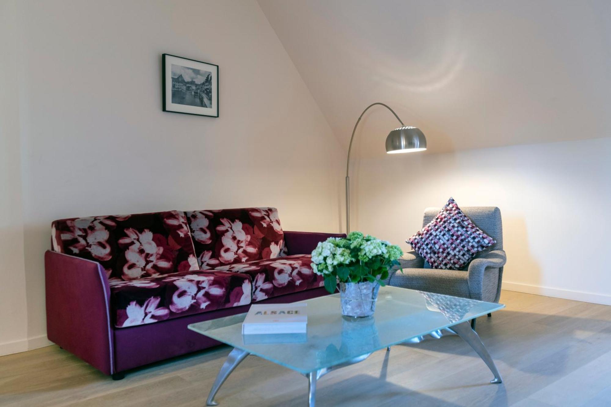 Hotel & Spa Regent Petite France Страсбург Екстериор снимка A living room with a sofa and a floor lamp